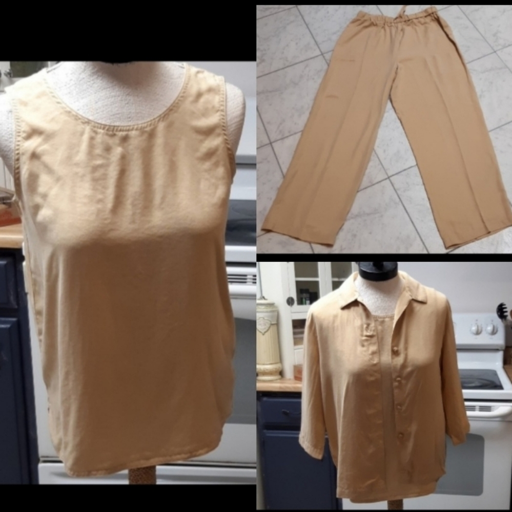Womens Pant suit set Tan 3 piece Med petite career casual  Summer neutral